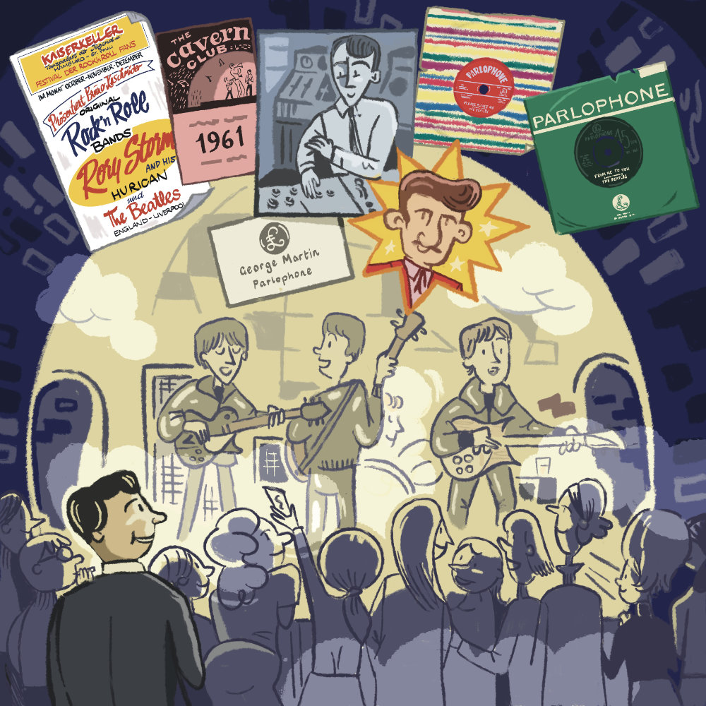 Illustration of the Beatles on stage at the Cavern in the early 1960s. Brian Epstein is watching from the back of the smoky room, behind. The illustration is decorated with extra posters, photos and single sleeves.