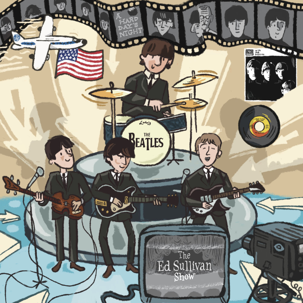 Illustration of the Beatles performing in front of the cameras on the Ed Sullivan show in February 1964. The illustration is decorated with extra elements like a US flag, a Pan Am jet plane, the LP sleeve for With The Beatles, and a film reel to represent A Hard Day's Night.