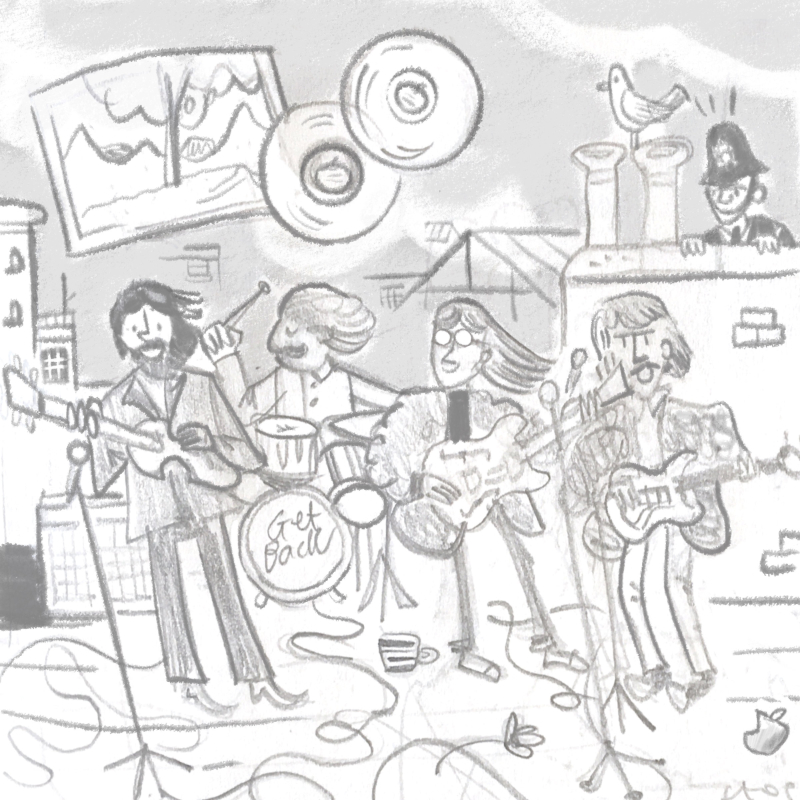 Pencil rough for the 1969 rooftop gig illustration.