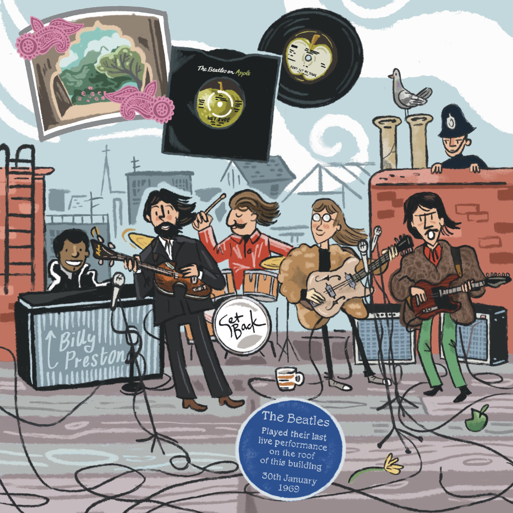 Illustration of the Beatles playing on at the rooftop of Apple Records' Savile Row building in January 1969. A policeman is peeping at them from behind a chimney. A bitten apple, a daffodil and a stripey mug are on the floor around them. Illustrations decorating the edges of the image include the blue plaque commemorating the performance and the Hey Jude 7" single.