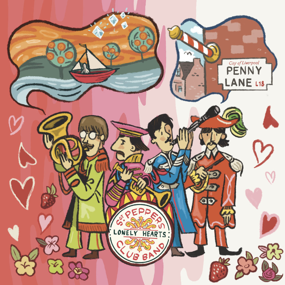 Illustration of The Beatles in their Sgt. Pepper outfit, posed similarly to the famous LP sleeve in front of the Lonely Hearts Club Band bass drum. John is holding a French horn, Ringo Starr a trumpet, Paul McCartney a cor anglais, and George Harrison. The imagery from Lucy In The Sky with Diamonds is pouring out of John's French horn, whilst a bubble showing Penny Lane is coming out of Paul's cor angels. Flowers and hearts surround the band and the background is a gradient of psychedelic pinkish colours.